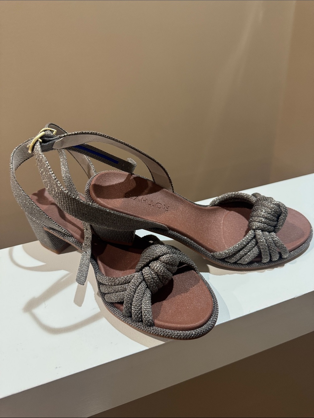 Rothy's Taupe Knotted Strap Block Heel Sandals